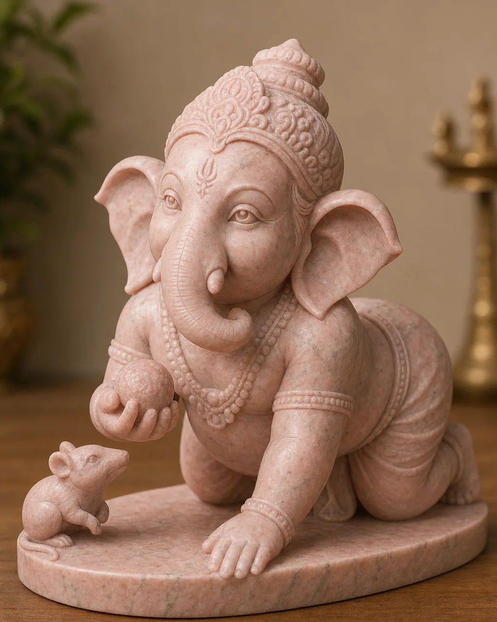Rajasthani Pink Marble Bal Ganesh with Laddu, 15 in