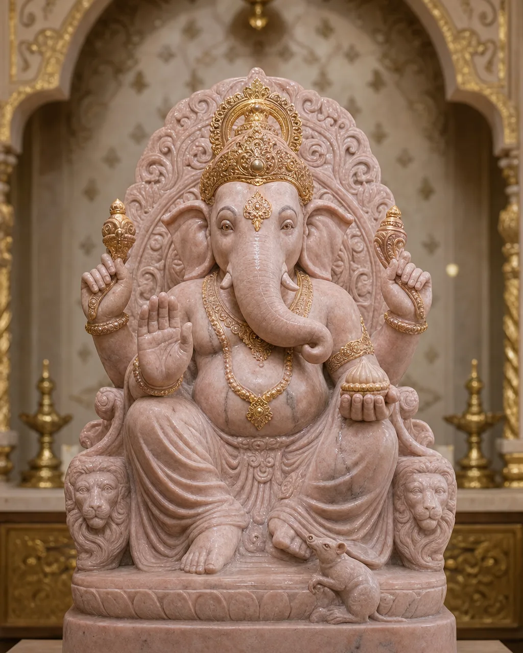 Rajasthani Pink Marble Dagdusheth Ganpati with Gold-Leaf on Singhasan, 24 in
