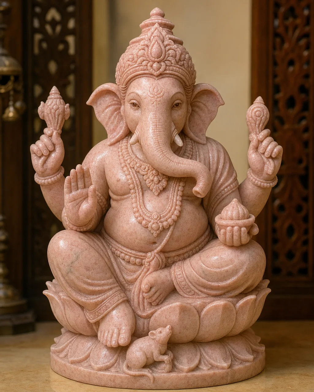 Rajasthani Pink Marble Dagdusheth Ganpati on Lotus Pedestal, 18 in