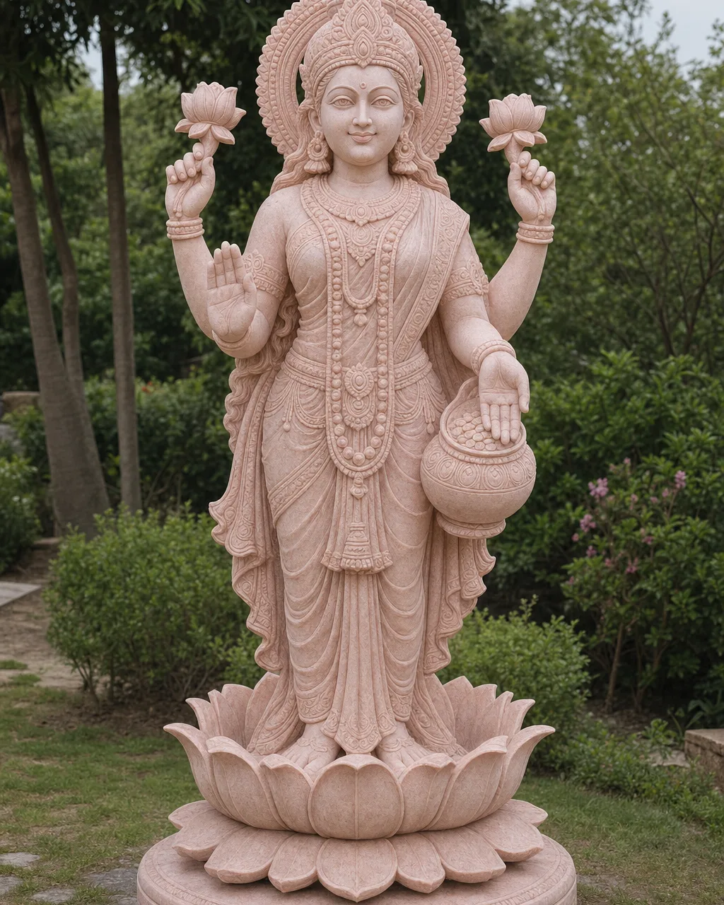 Rajasthani Pink Marble Garden Lakshmi Statue — 5 ft Four-Armed Mahalakshmi