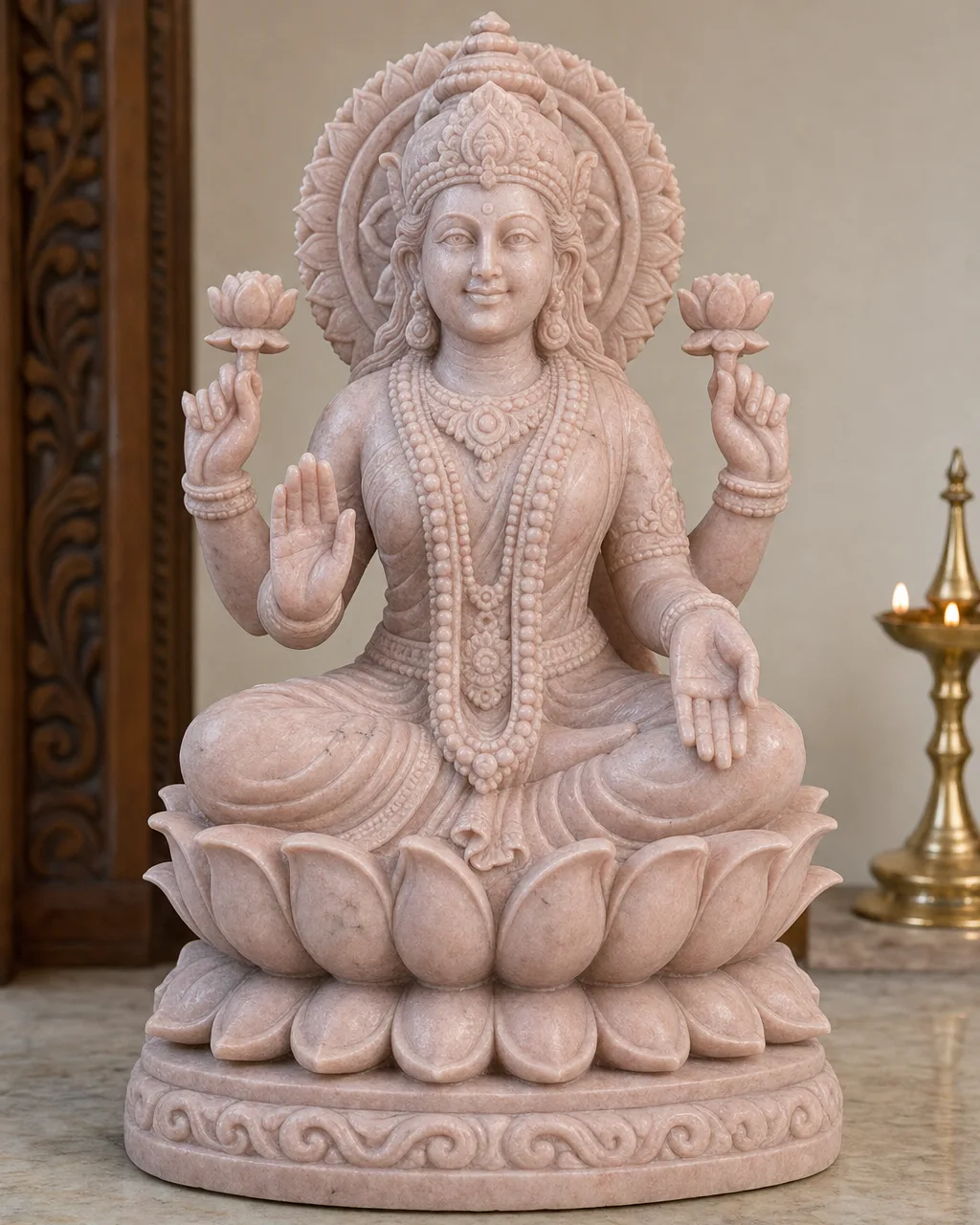 Rajasthani Pink Marble Lakshmi on Lotus Throne, 18 Inch