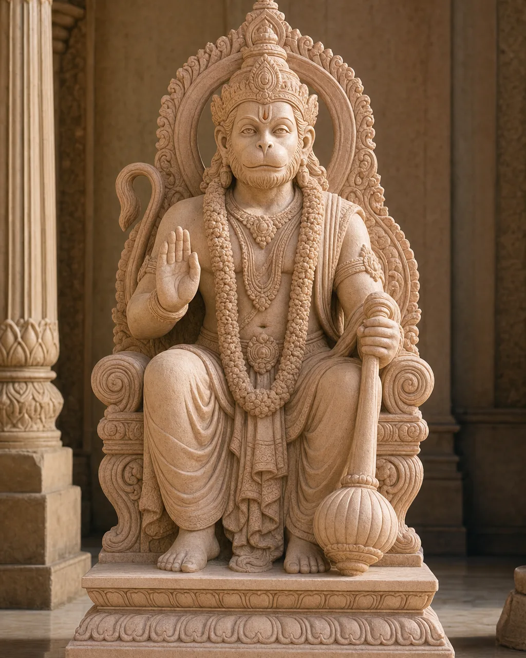 Rajasthani Pink Marble Raja Hanuman on Throne, 42 inch
