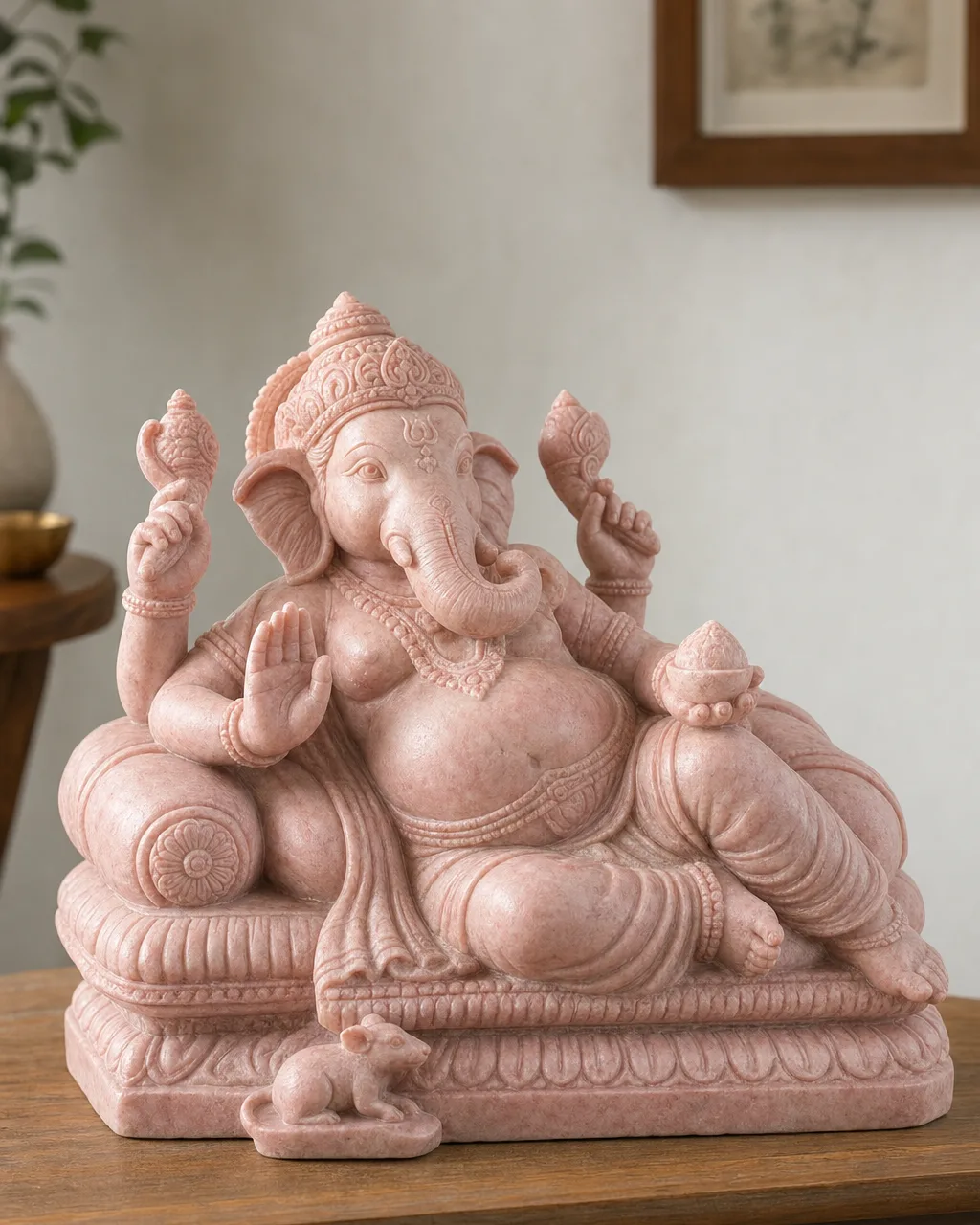Rajasthani Pink Marble Reclining Ganesh Statue, 18 in