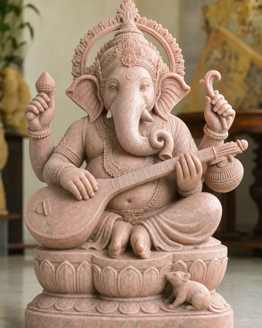 Rajasthani Pink Marble Ganesh Playing the Veena, 18 in