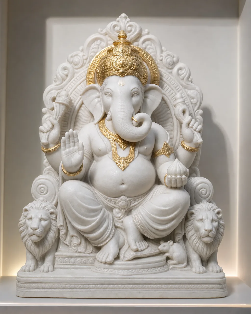 Sagyin White Marble Lalbaugcha Raja with Gold-Leaf Mukut, 18 in
