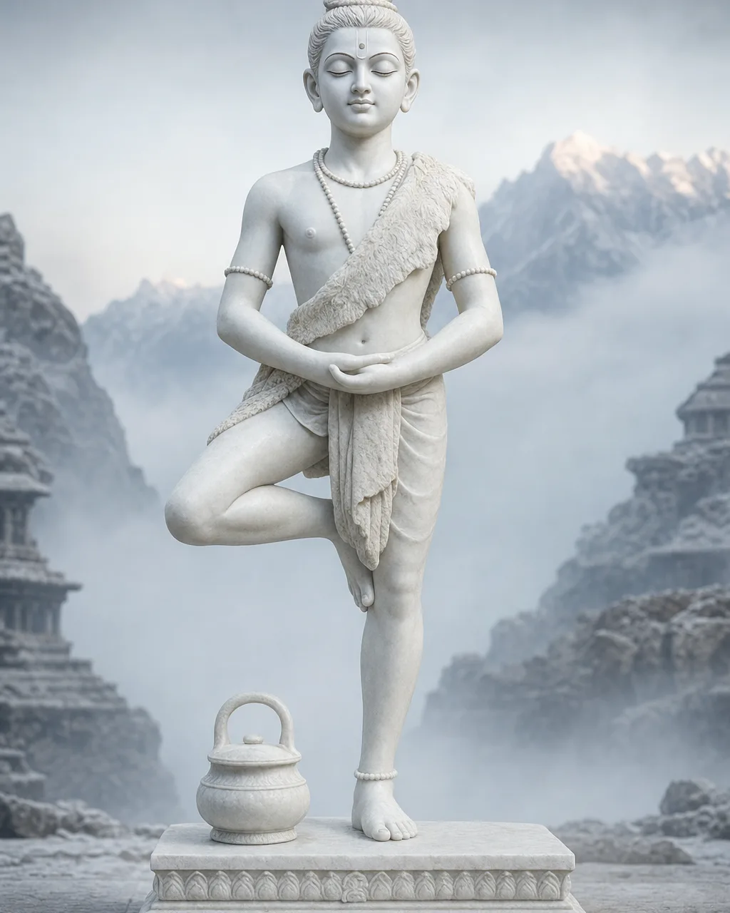 Handcrafted Sagyin White Marble Nilkanth Varni Penance Statue, 42in