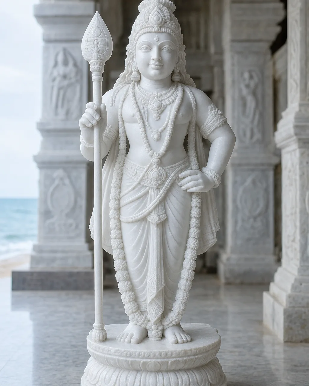 Handcrafted Sagyin White Marble Thiruchendur Subramanya Statue with Vel, 30in