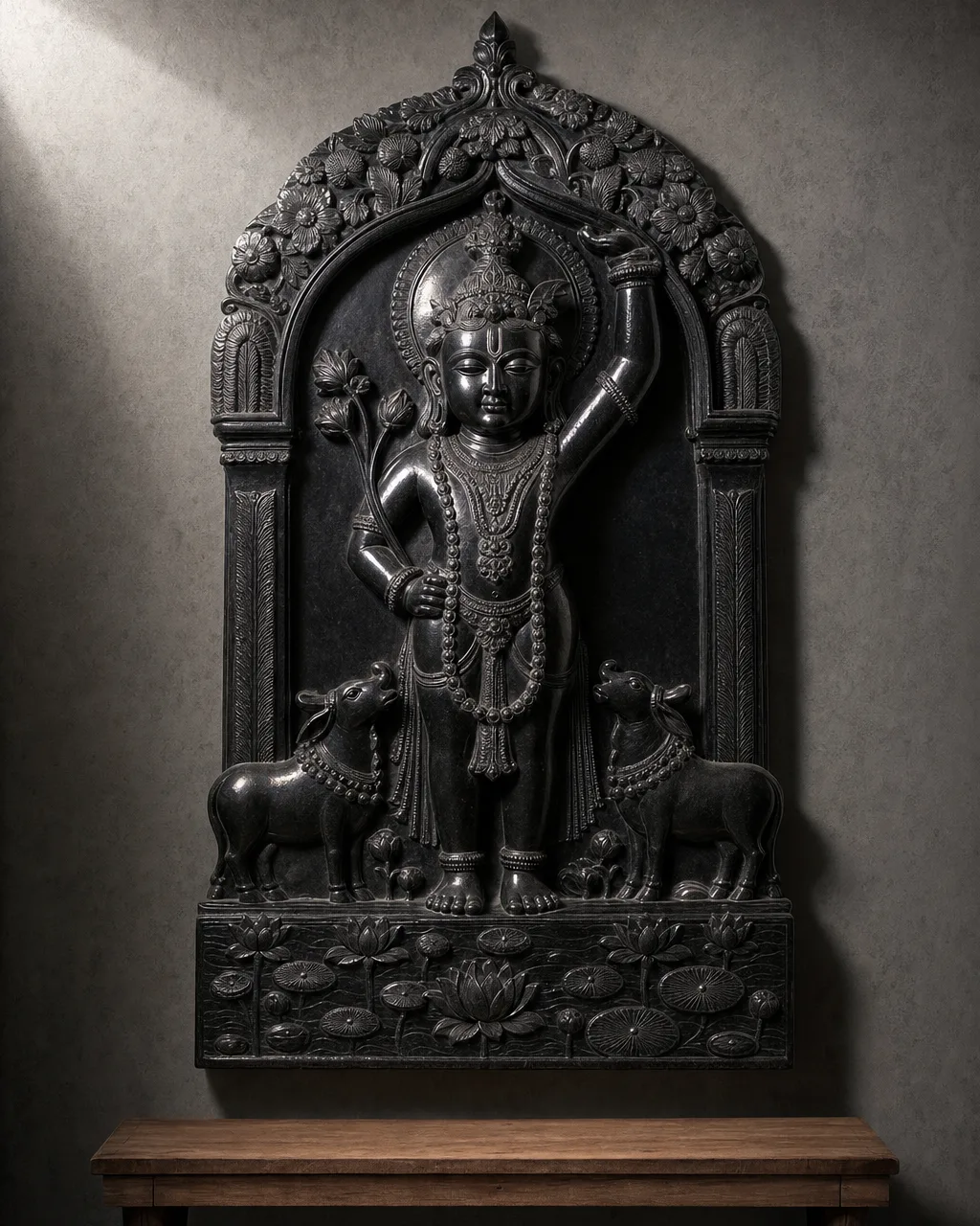 Shrinathji Pichwai Marble Relief with Cows, 36 in
