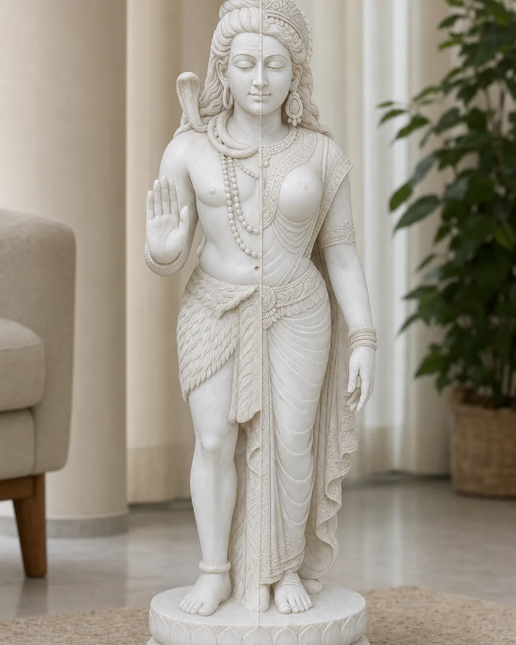 Handcrafted Vietnam White Marble Ardhanarishvara Statue, 30in