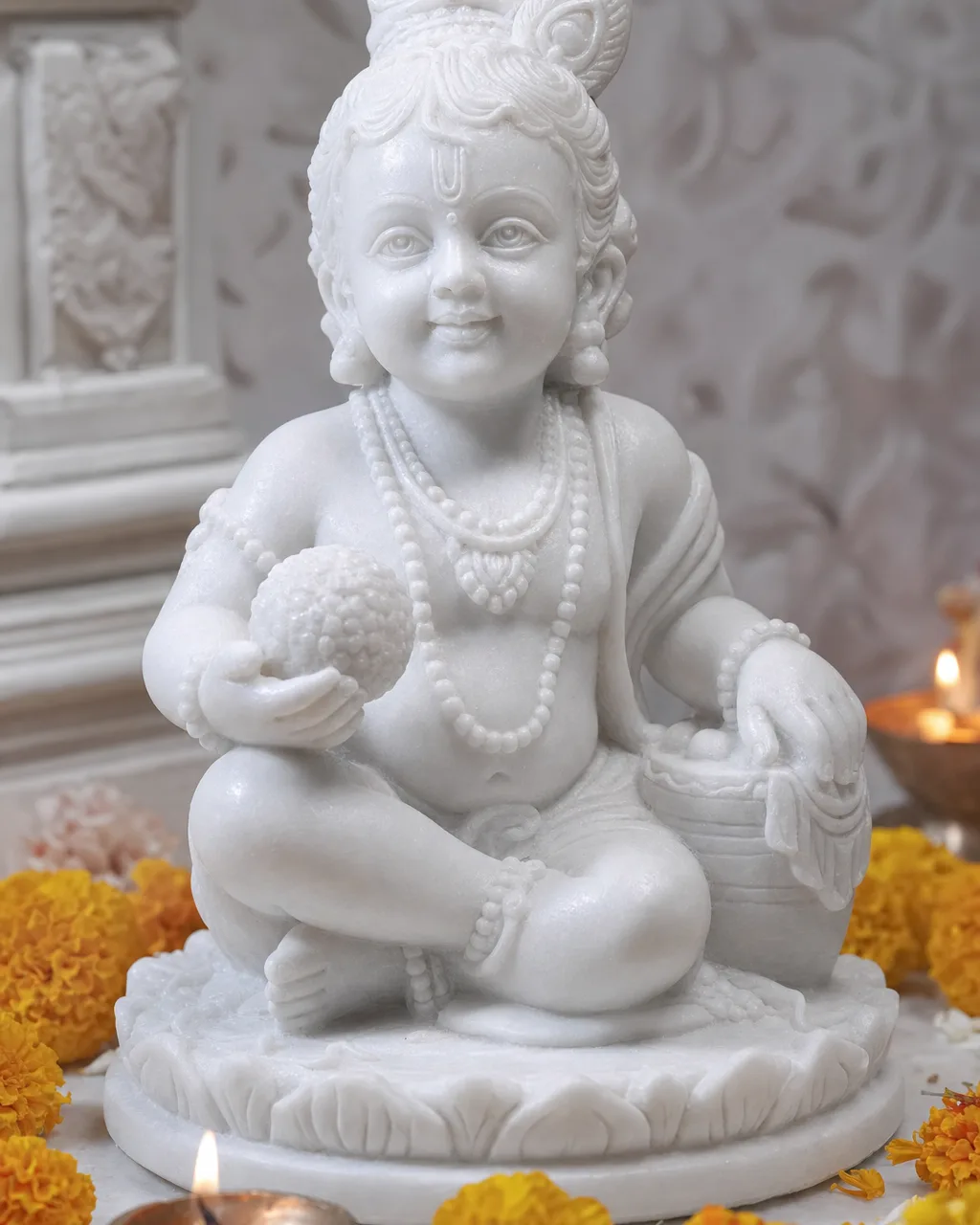Handcrafted Vietnam White Marble Bal Gopal (Laddu Gopal) Statue, 1ft