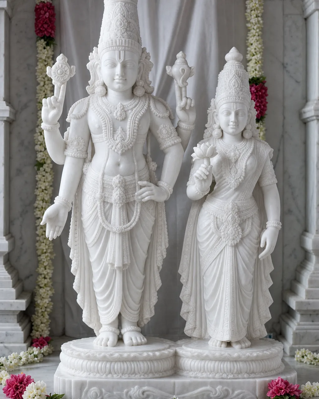 Handcrafted Vietnam White Marble Balaji Padmavati Statue Pair, 2ft