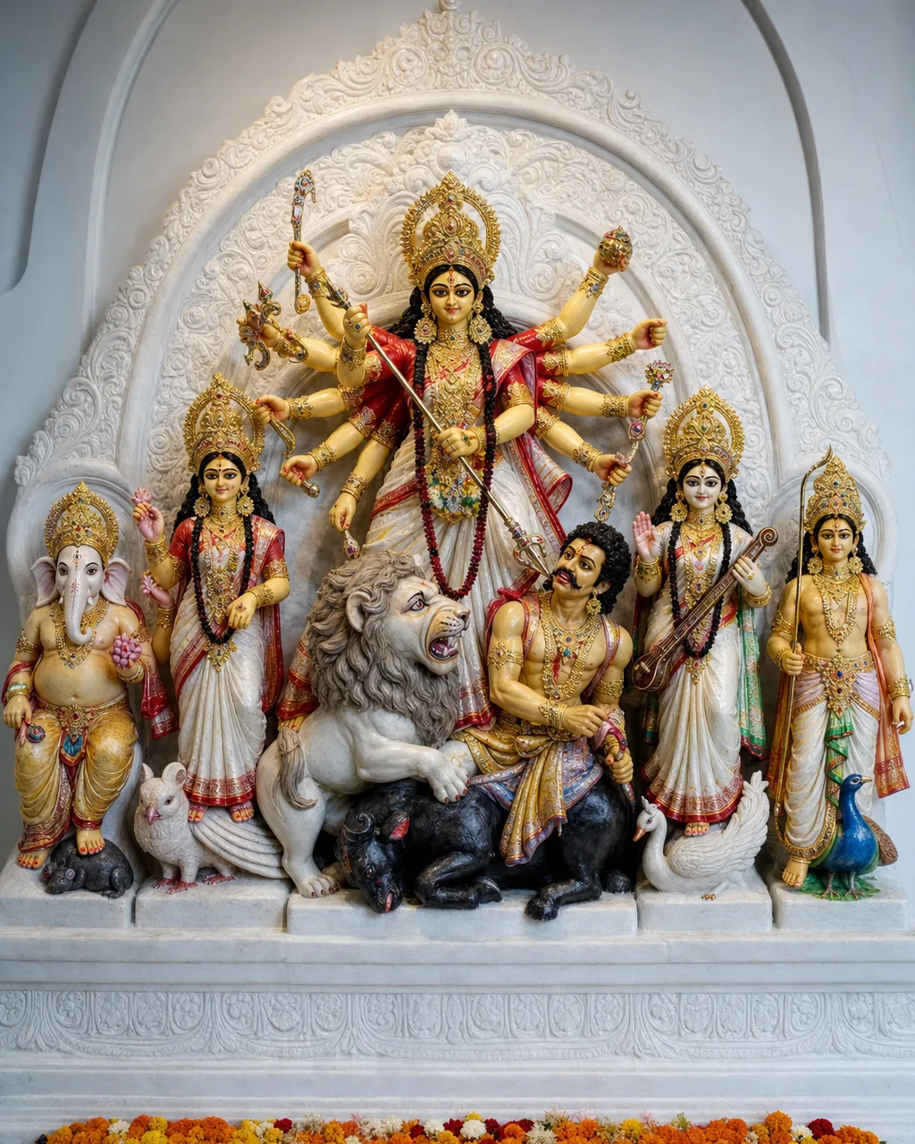 Handcrafted Vietnam White Marble Bengali Durga Puja Ekchala Group, 3ft