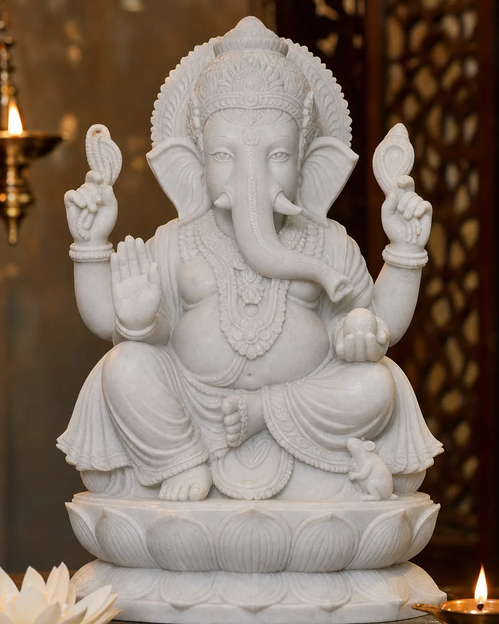 Handcrafted Vietnam White Marble Blessing Ganesh on Lotus, 24in