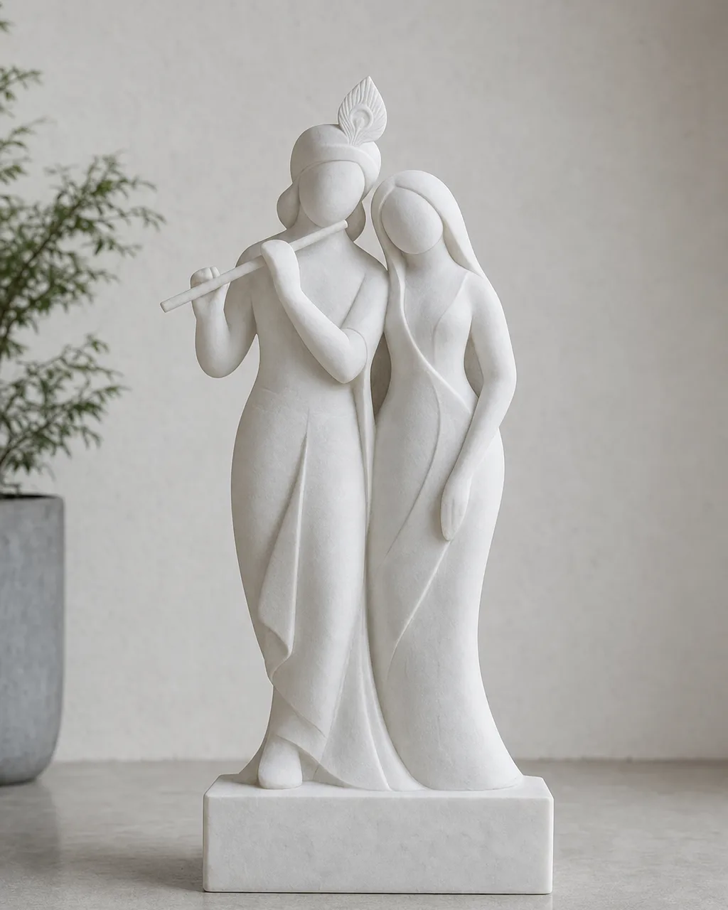 Handcrafted Vietnam White Marble Contemporary Radha Krishna Jugal Jodi, 30-inch