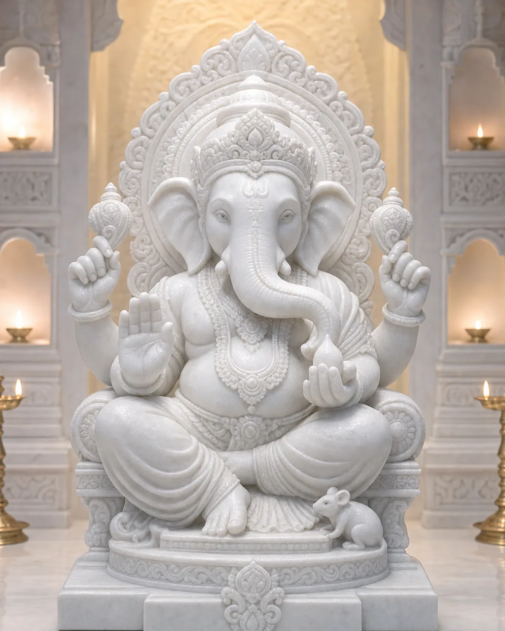 Vietnam White Marble Dagdusheth Ganpati with Gold-Leaf on Singhasan, 30 in