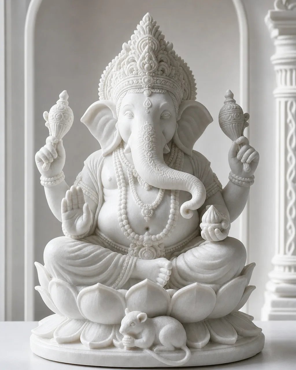 Vietnam White Marble Dagdusheth Ganpati on Lotus Pedestal, 15 in