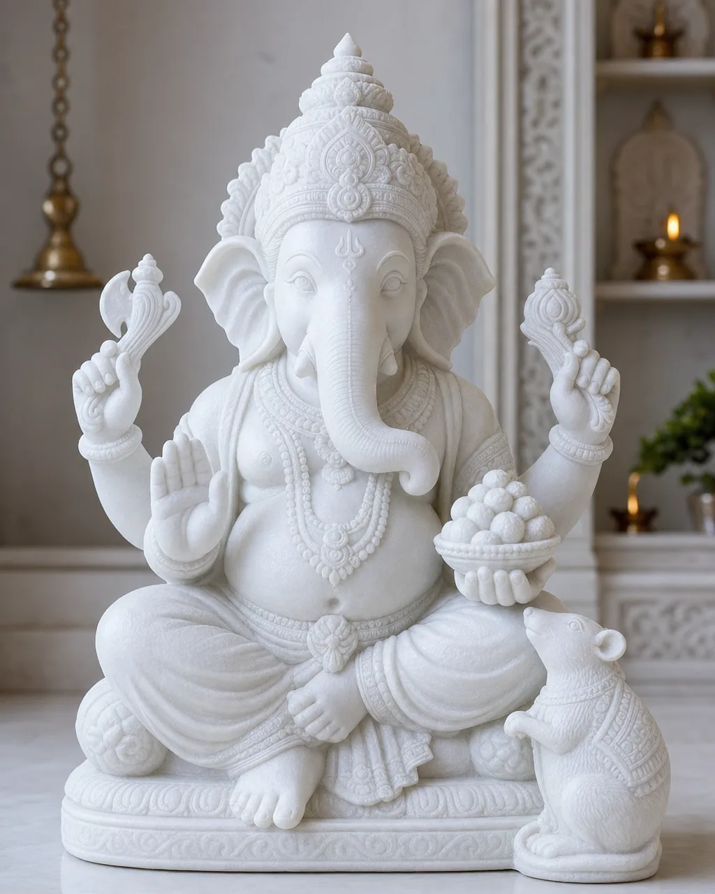 Vietnam White Marble Dagdusheth Ganpati with Modak Bowl and Mushak, 18 in