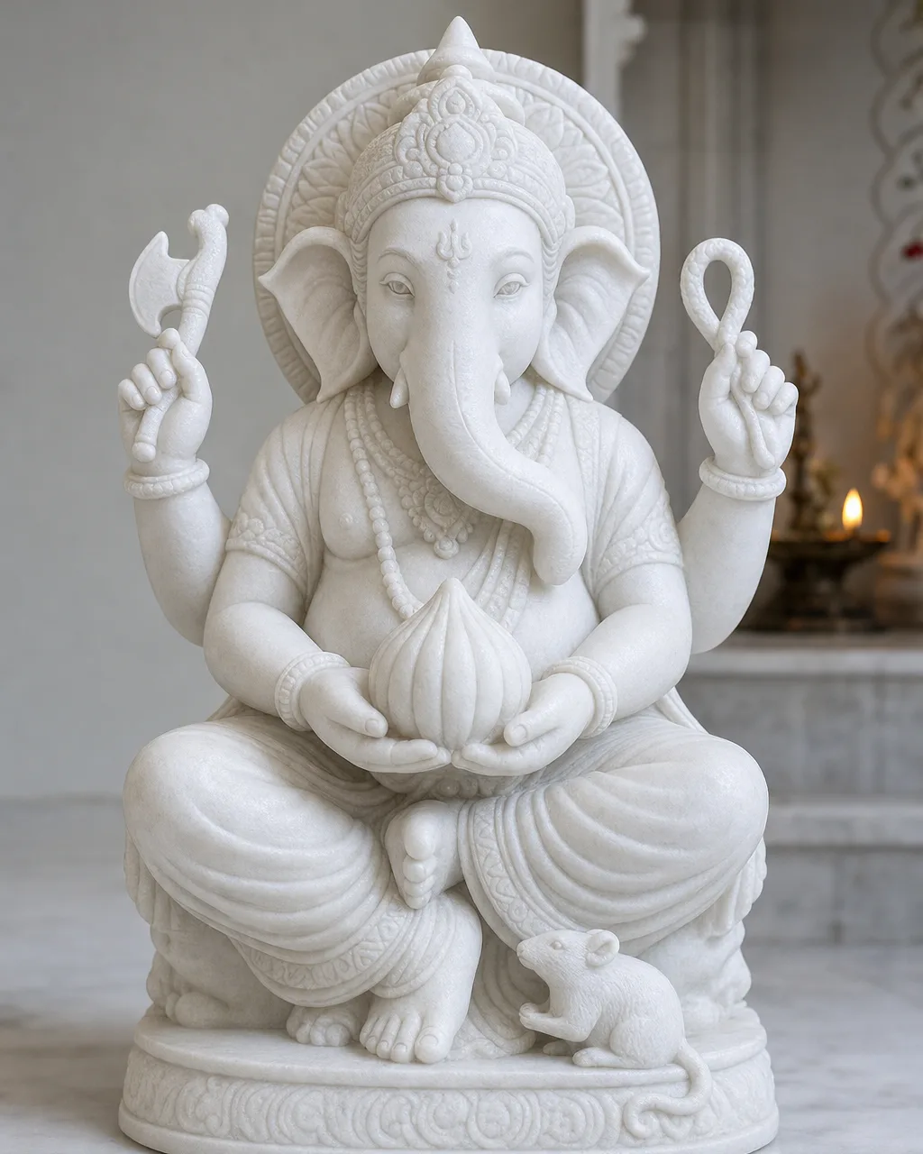 Handcrafted Vietnam White Marble Ganesh with Large Modak, 15in