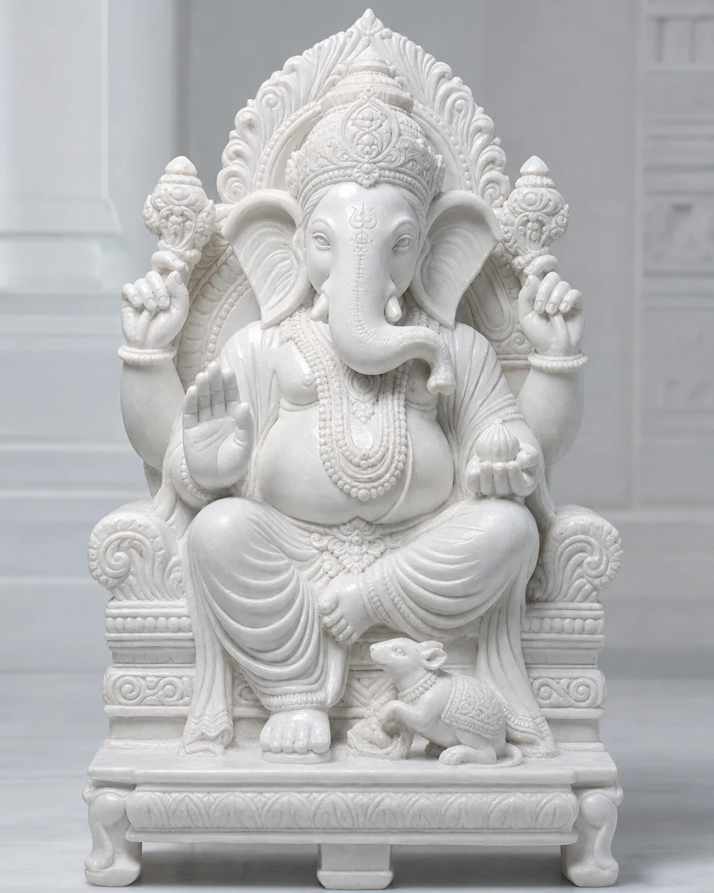 Handcrafted Vietnam White Marble Ganesh on Singhasan Throne, 24in