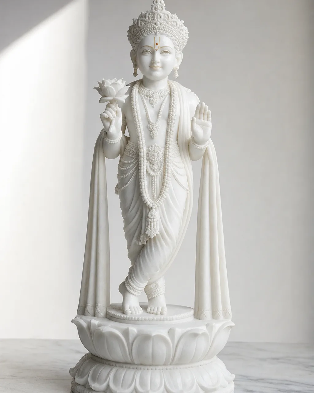 Handcrafted Vietnam White Marble Ghanshyam Maharaj Standing Murti, 18in