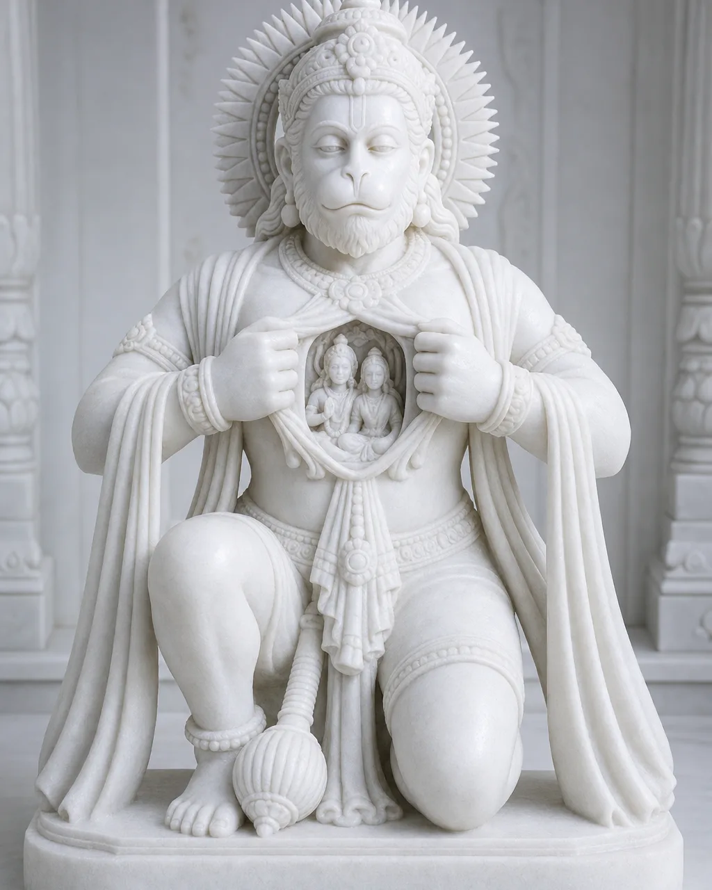 Vietnam White Marble Hanuman Hridaya Darshan Statue (Ram-Sita in Heart), 30 in