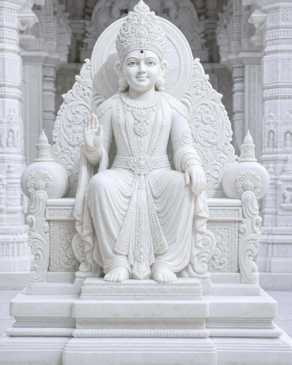 Handcrafted Vietnam White Marble Harikrishna Maharaj Throne Murti, 48in