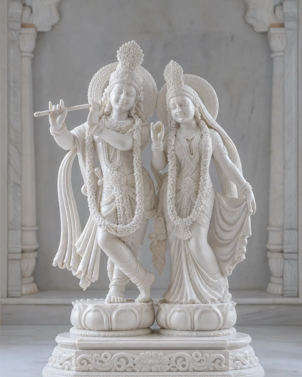 Handcrafted Vietnam White Marble ISKCON-Style Radha Krishna Temple Deity Pair, 3.5ft