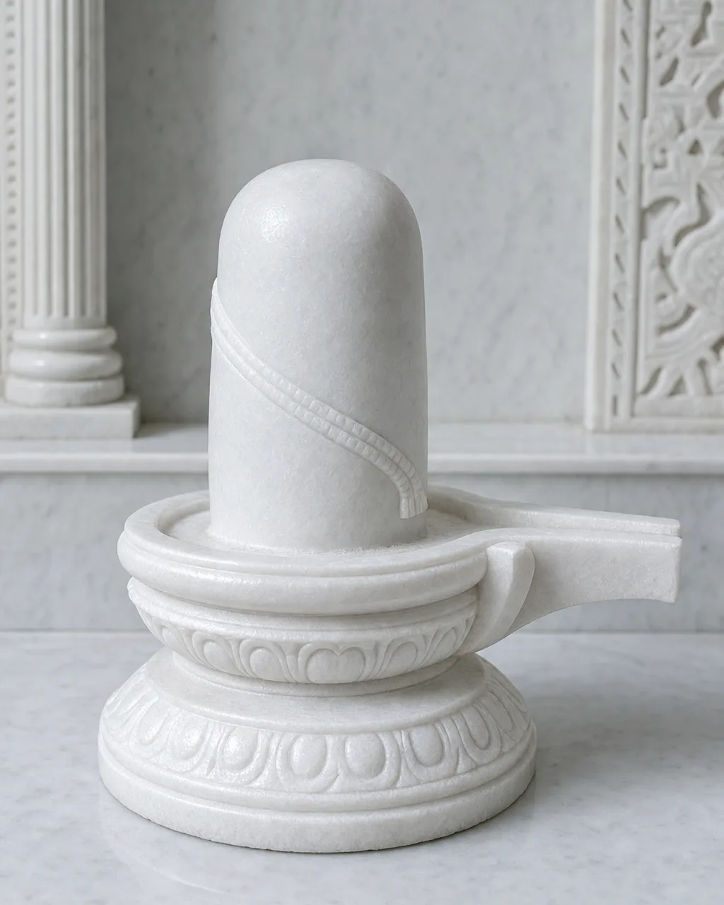 Handcrafted Vietnam White Marble Janeudhari Shiva Lingam, 15in