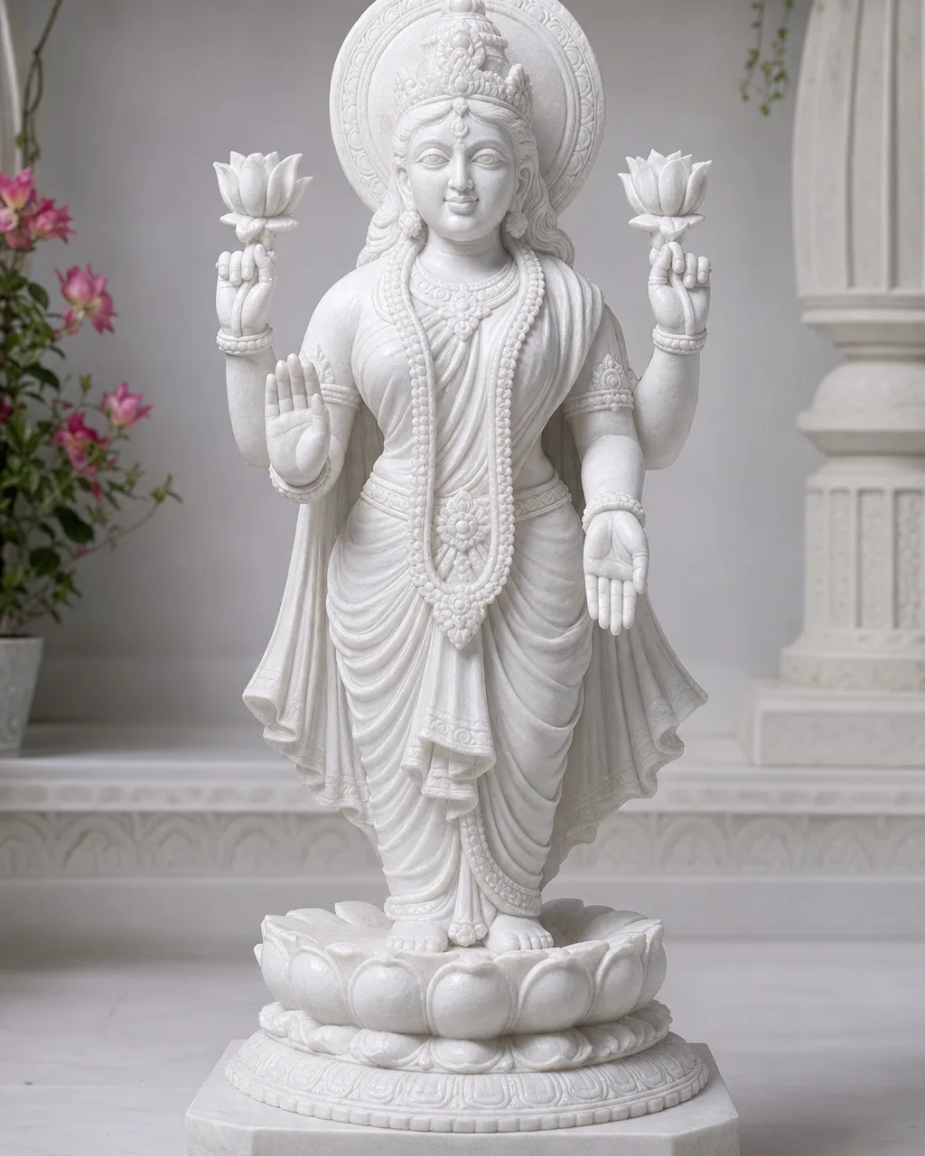 Vietnam White Marble Kamala Lakshmi Statue with Lotuses, 30 Inch