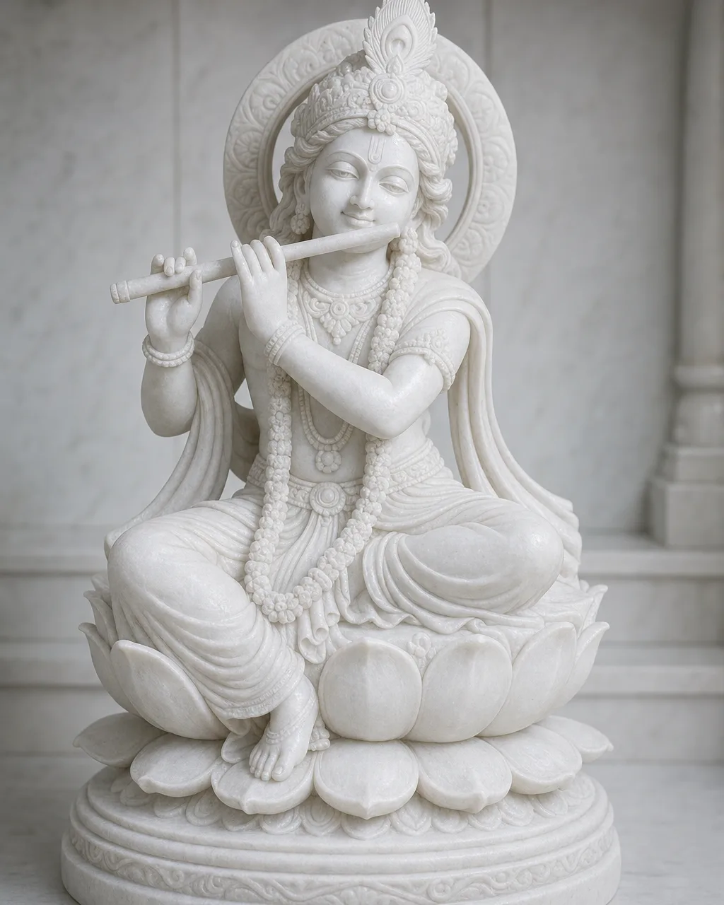 Handcrafted Vietnam White Marble Krishna on Lotus Statue, 2ft