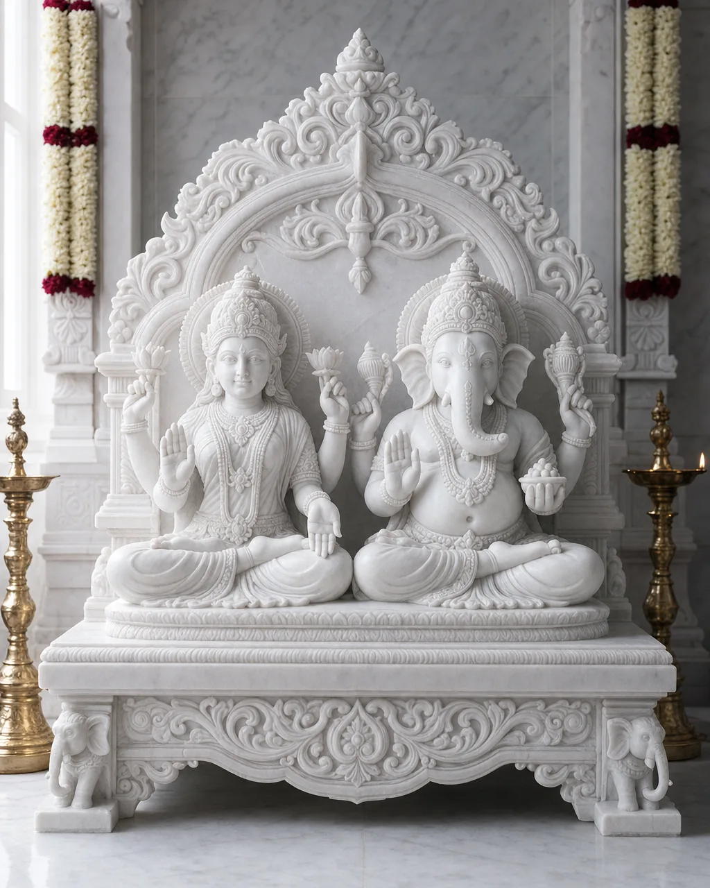Handcrafted Vietnam White Marble Lakshmi-Ganesh Pair on Carved Chowki with Temple Backrest, 36in