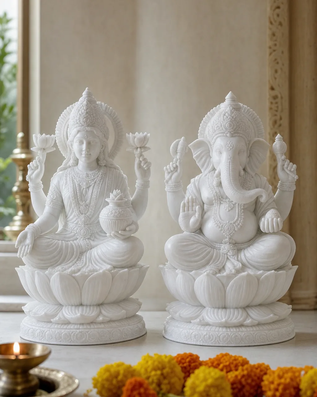 Handcrafted Vietnam White Marble Lakshmi-Ganesh Pair on Lotus Thrones, 18in