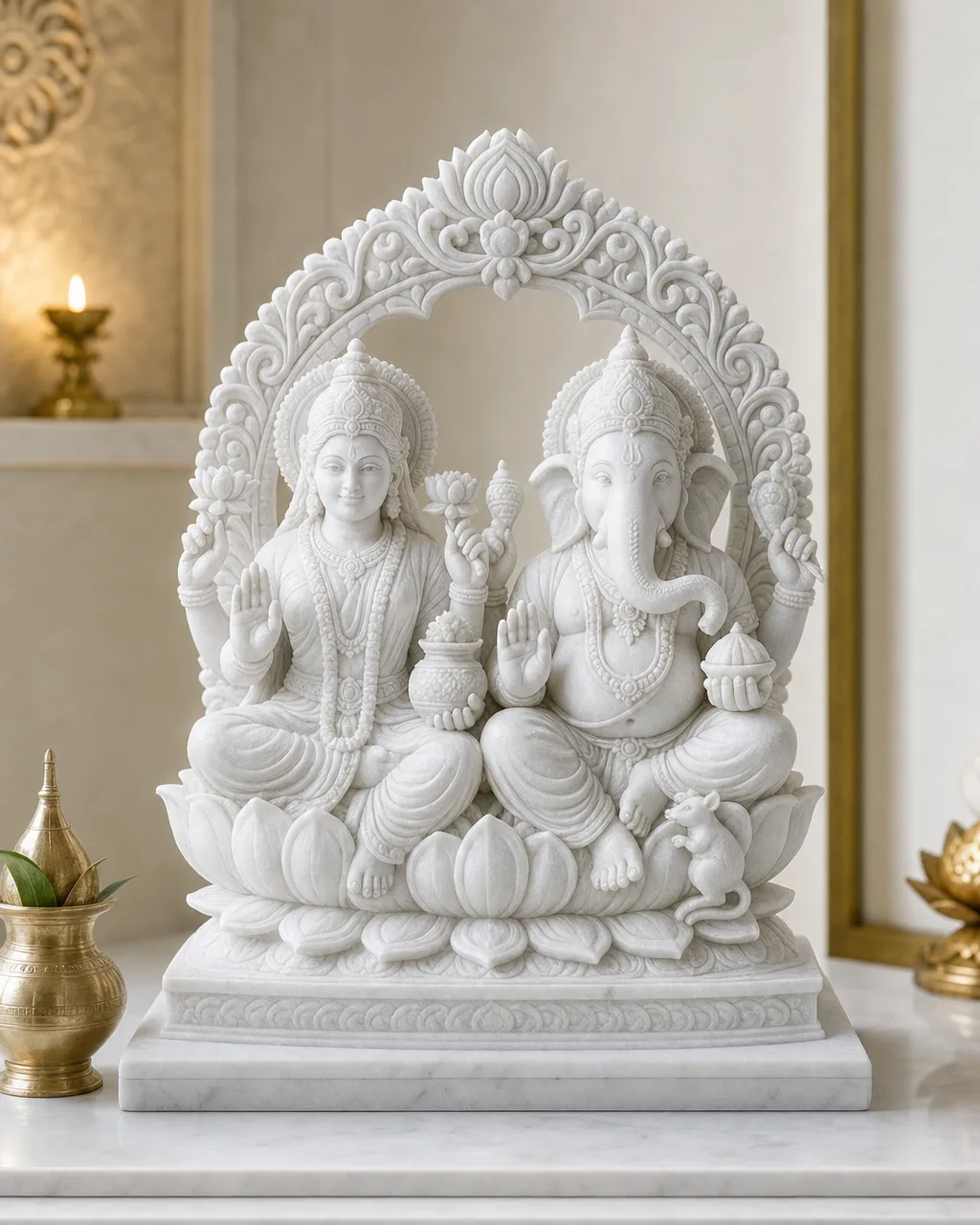 Handcrafted Vietnam White Marble Lakshmi-Ganesh Pair on Shared Lotus Base with Prabhavali Arch, 24in