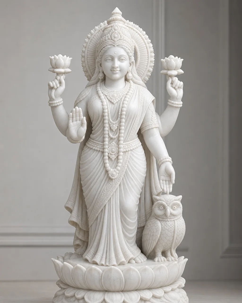 Vietnam White Marble Lakshmi with Owl Vahana Statue, 24 Inch