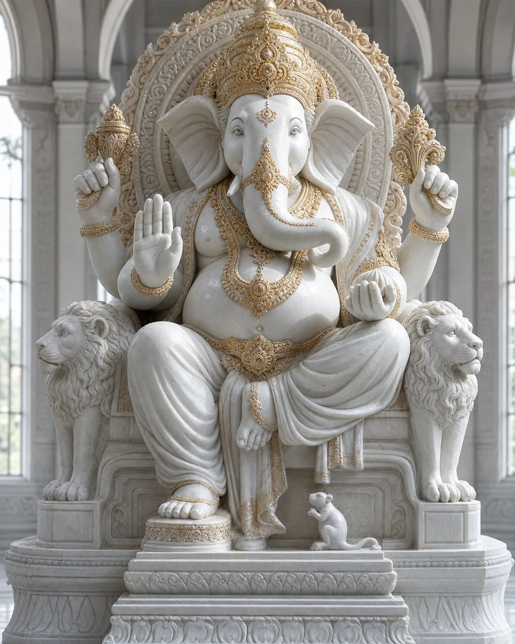 Vietnam White Marble Lalbaugcha Raja on Grand Throne with Gold Leaf, 5 ft