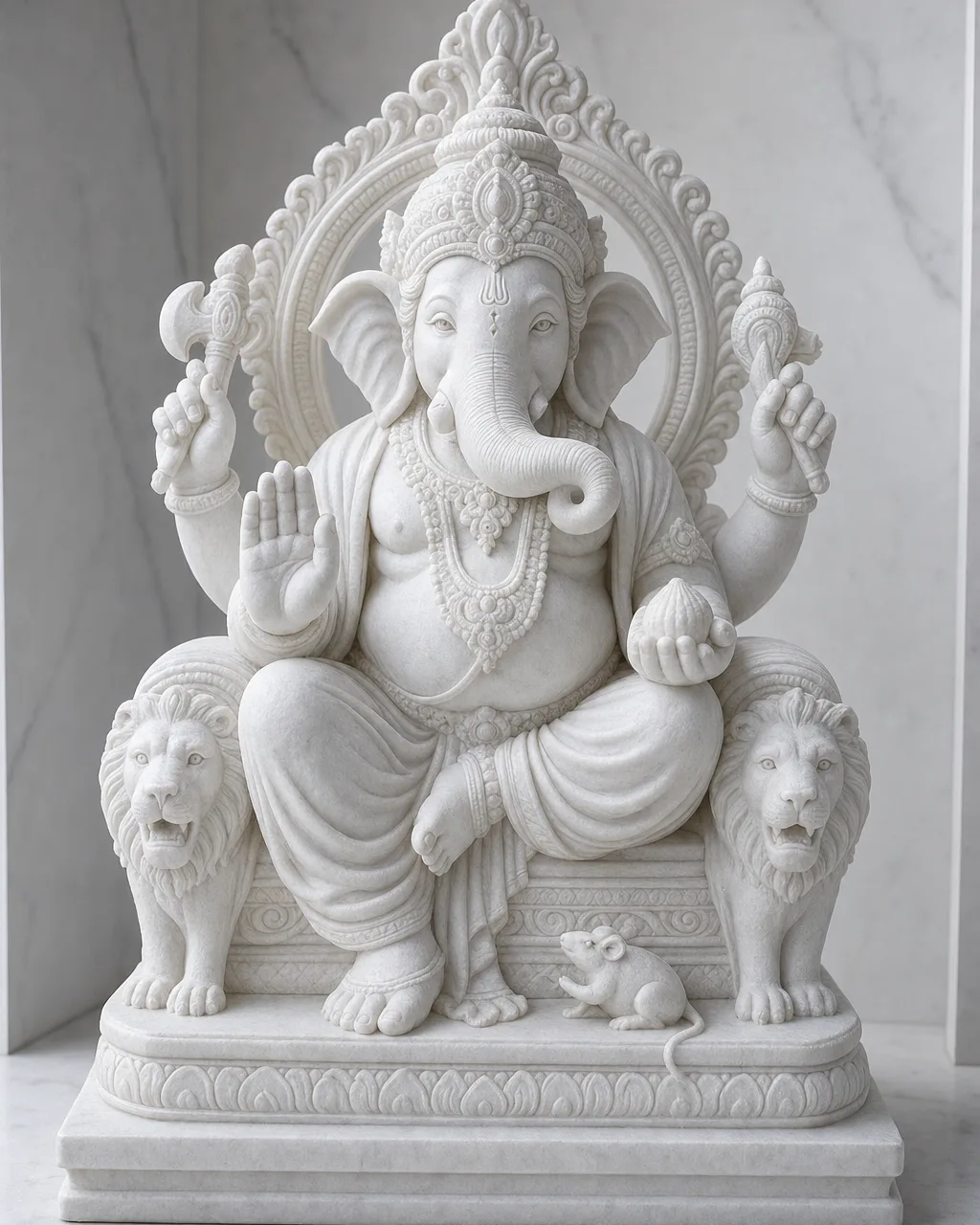 Vietnam White Marble Lalbaugcha Raja on Lion Throne, 15 in