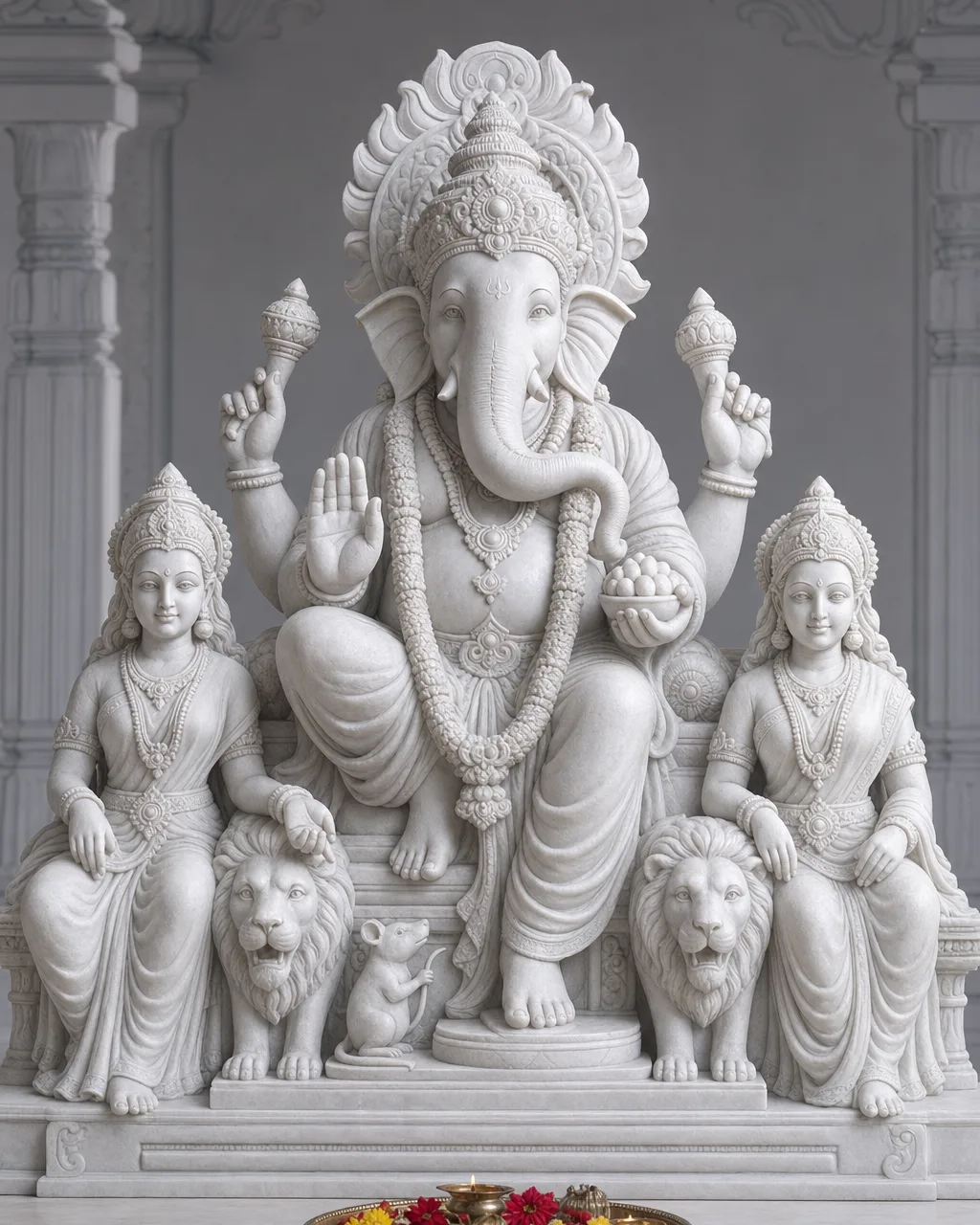 Vietnam White Marble Lalbaugcha Raja with Riddhi-Siddhi, 30 in
