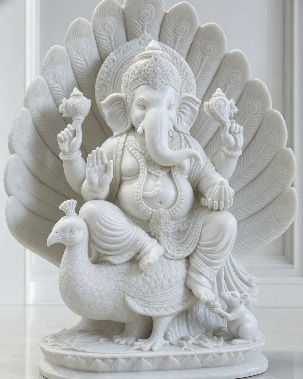 Handcrafted Vietnam White Marble Mayuresha Ganesh on Peacock, 24in