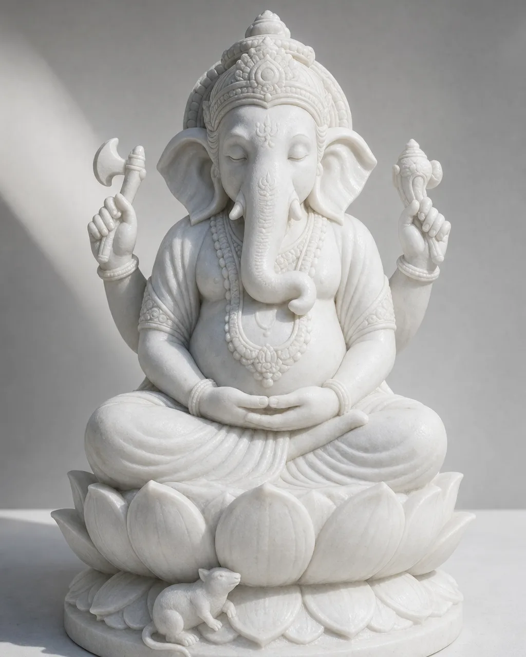 Vietnam White Marble Meditating Ganesh on Lotus, 18 in
