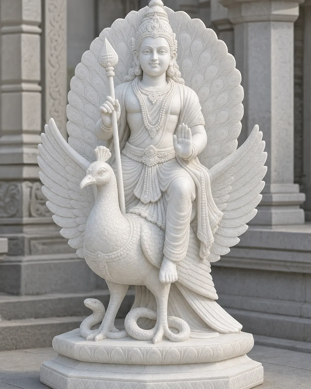 Handcrafted Vietnam White Marble Murugan on Peacock (Mayil Vahana) Statue, 30in