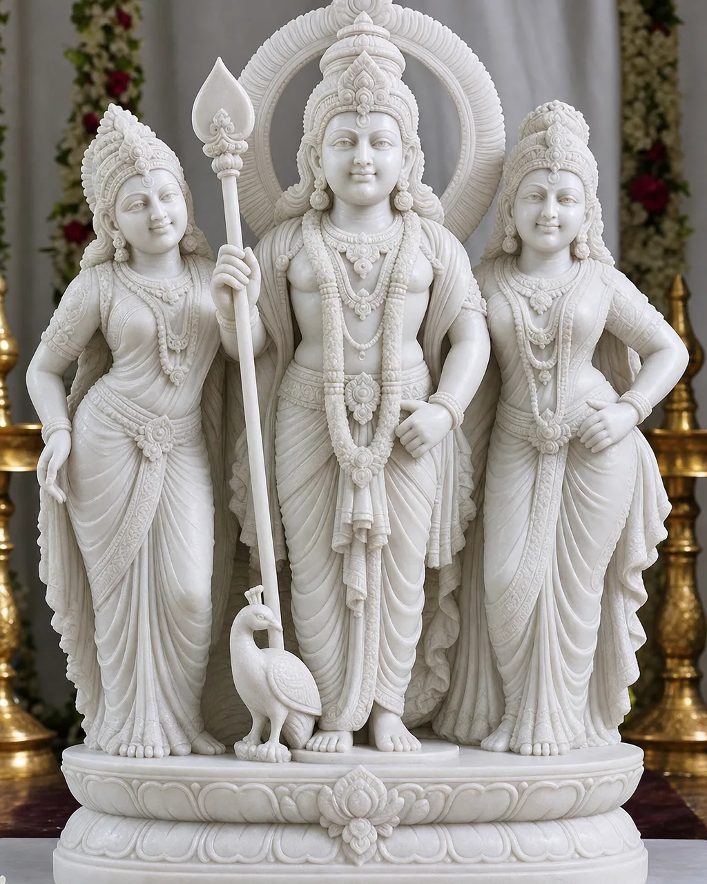 Handcrafted Vietnam White Marble Murugan with Valli and Deivanai Statue, 2ft