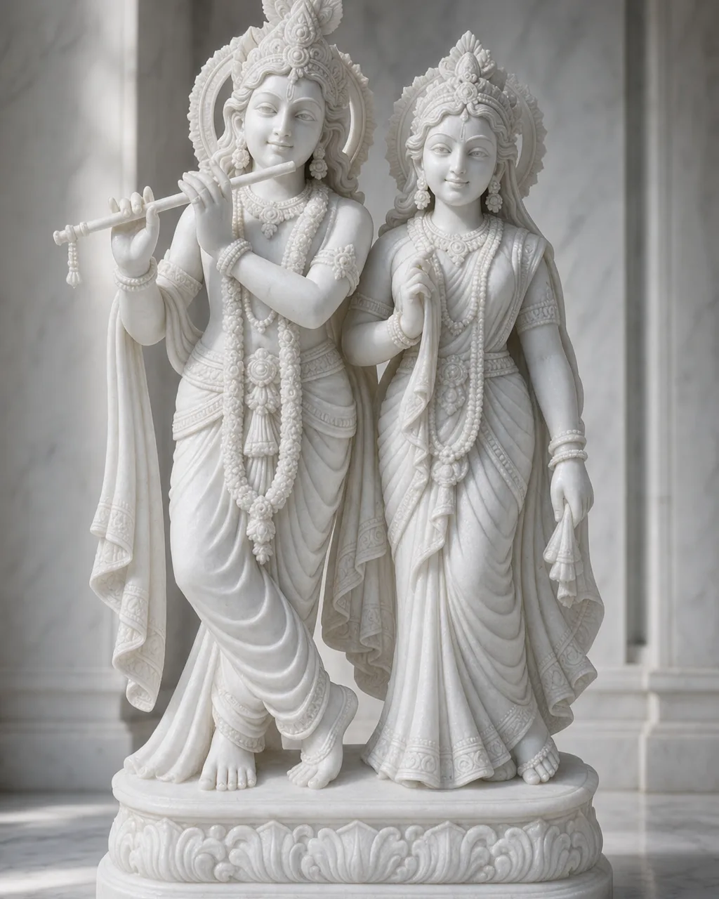 Handcrafted Vietnam White Marble Radha-Krishna Standing Pair, 30-inch