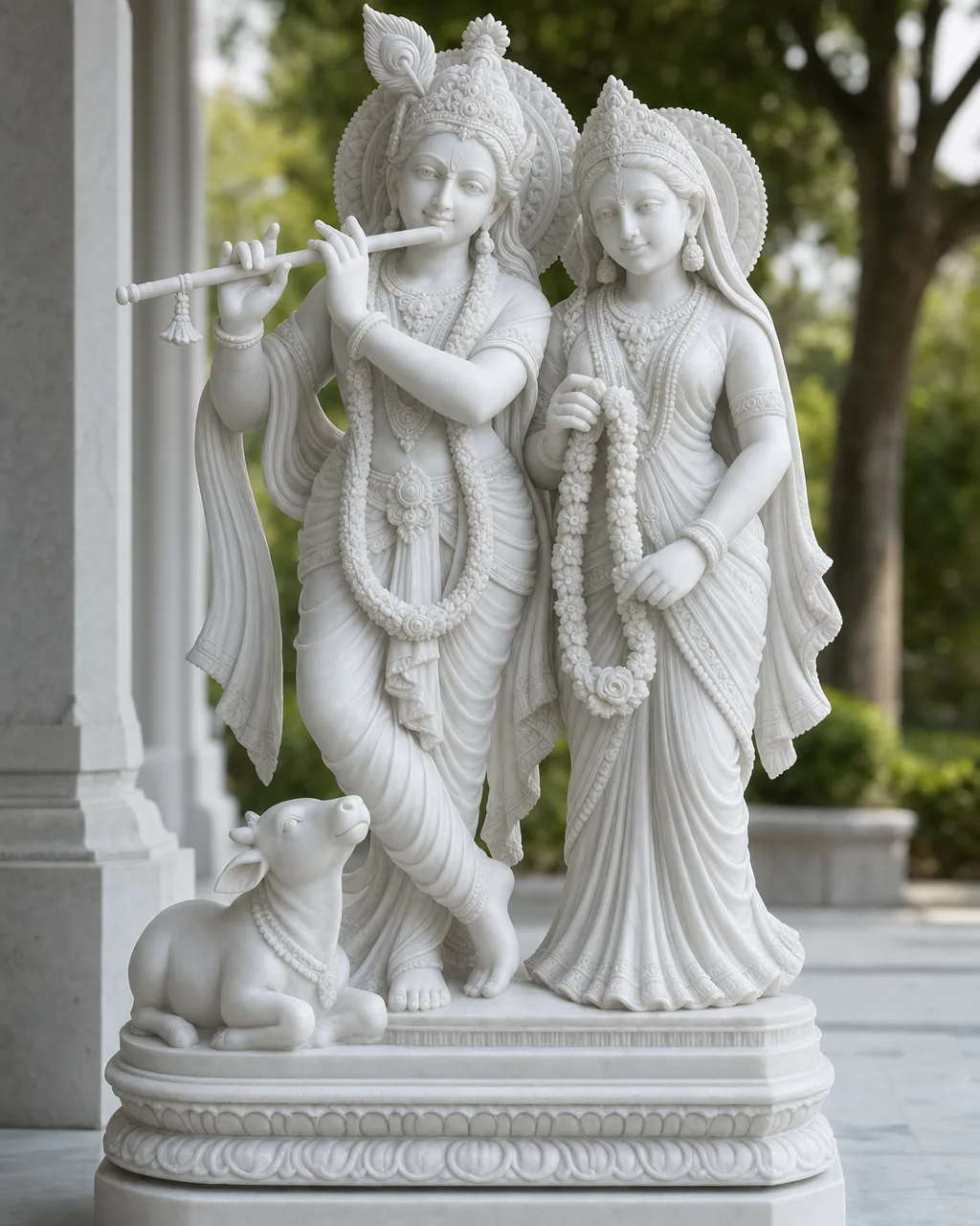 Handcrafted Vietnam White Marble Radha Krishna with Cow (Venugopal Jodi), 3ft