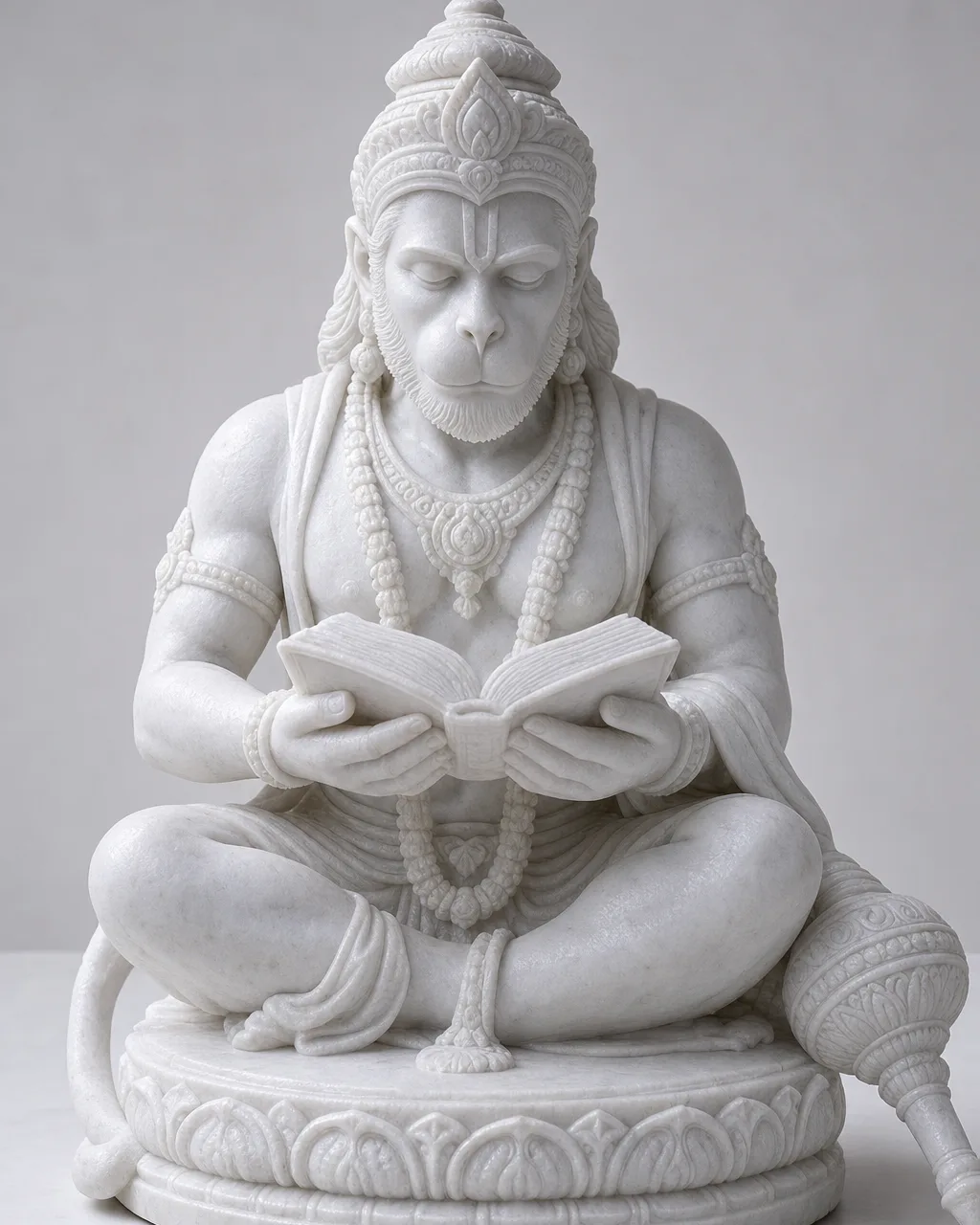 Vietnam White Marble Ram Bhakt Hanuman Reading Ramayana Statue, 24 inch