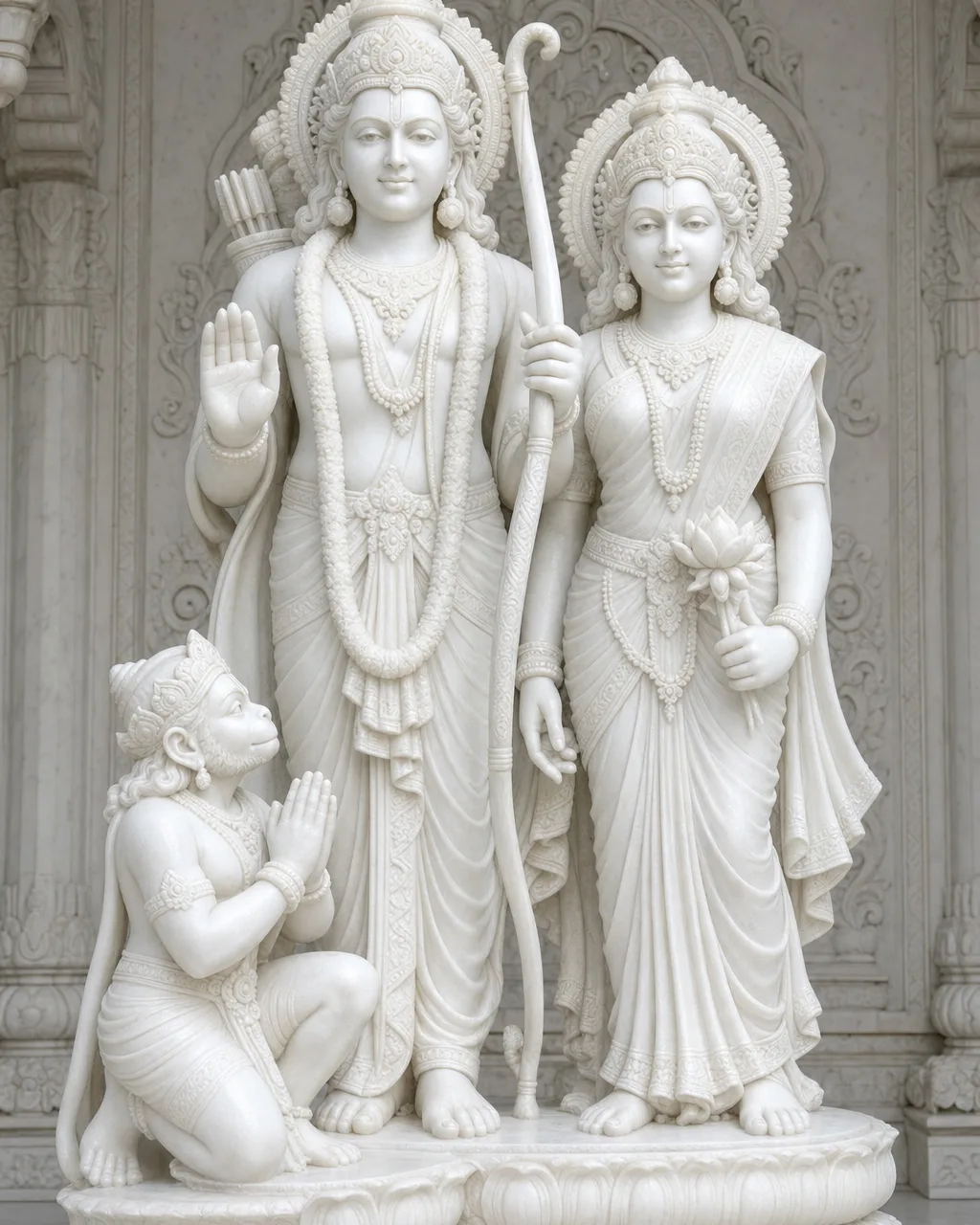 Handcrafted Vietnam White Marble Ram-Sita with Kneeling Hanuman, 3.5ft
