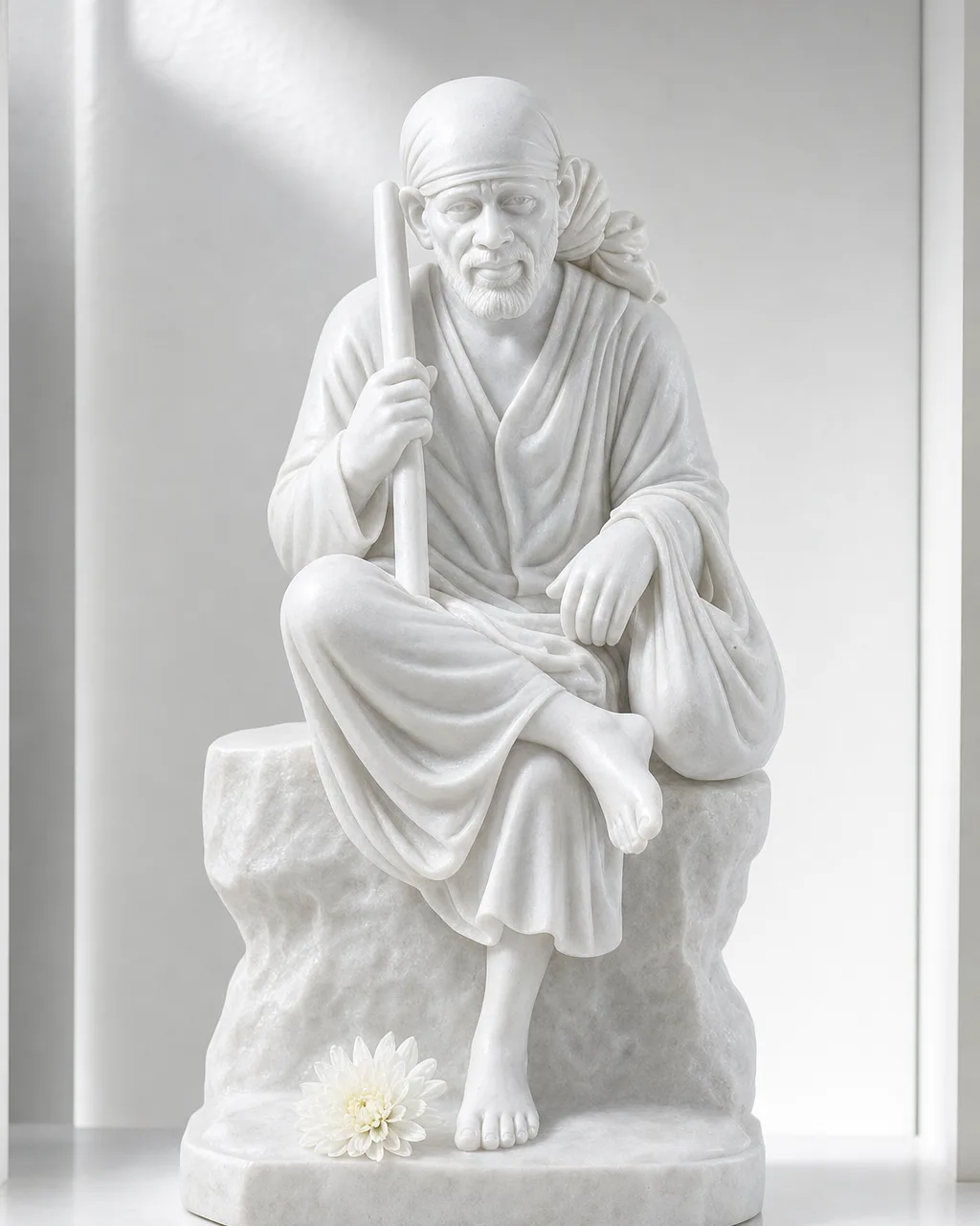 Vietnam White Marble Sai Baba with Satka and Jholi, 15 in