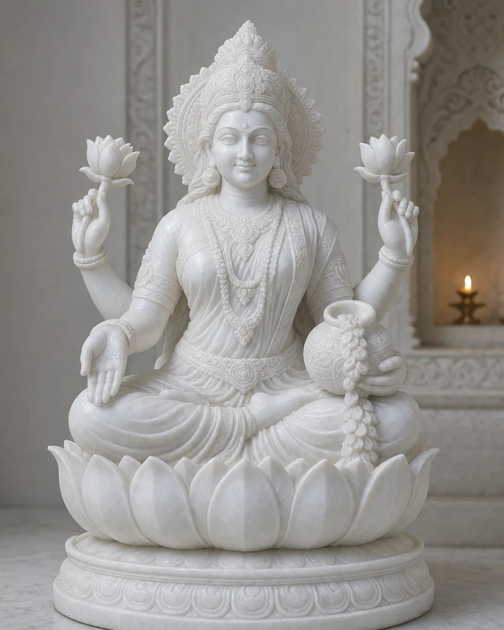 Vietnam White Marble Seated Lakshmi Idol, Padmasana on Lotus — 18 Inch