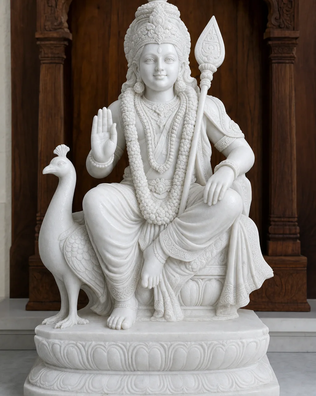 Handcrafted Vietnam White Marble Seated Murugan with Peacock Statue, 22in