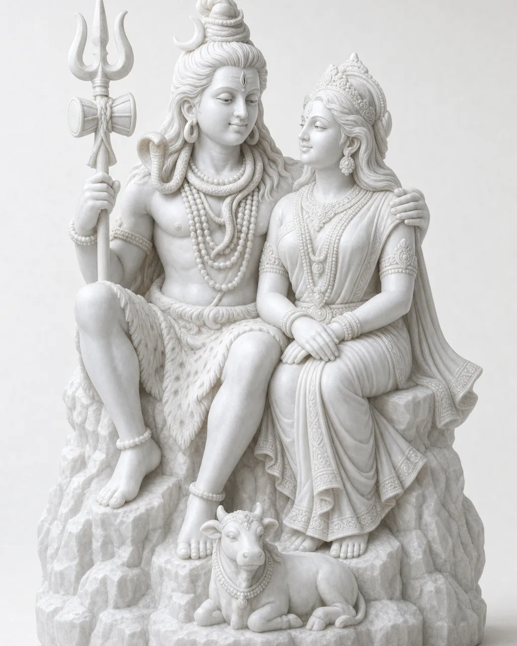 Handcrafted Vietnam White Marble Shiva-Parvati Pair on Kailash, 24in