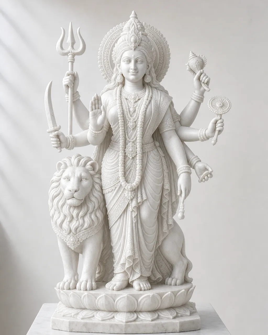 Handcrafted Vietnam White Marble Standing Durga Statue with Trishul, 2.5ft